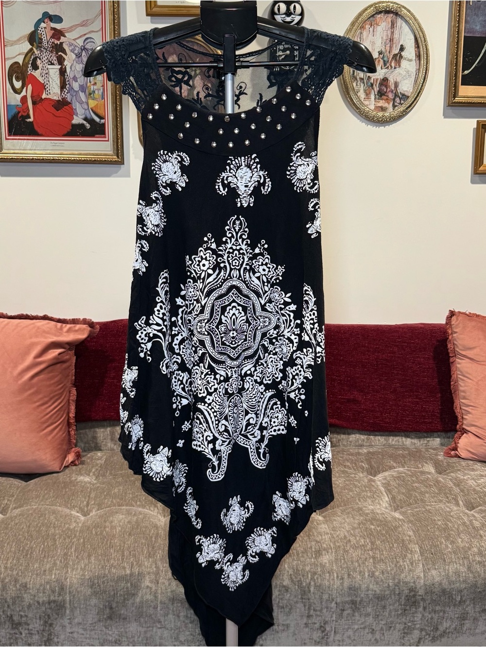 Y2K Black and White Asymmetrical Tank Dress with Studded Lace Yoke